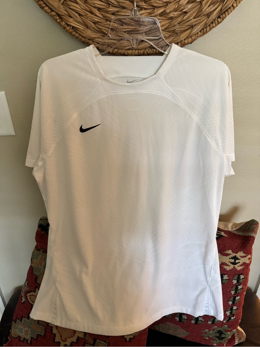 Nike White Short Sleeve Athletic Jersey with Black Swoosh Logo